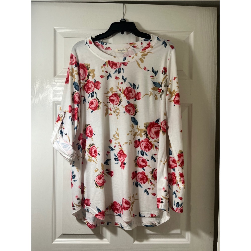 Bulotus Womens XL Floral Rose Print Tunic Top White Red Roll Tab Long Sleeve